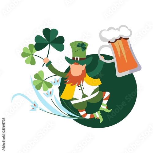Saint Patrick day celebration, irish jig dancing leprechaun gnome holding beer jug and shamrocks