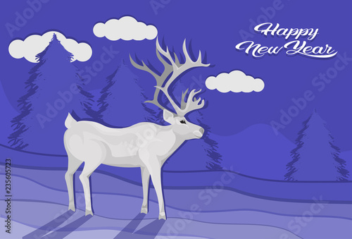 white deer cartoon animal reindeer flat fir tree landscape background christmas greeting card horizontal vector illustration