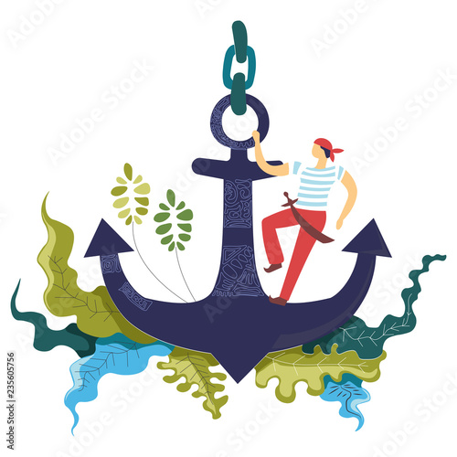 Sailor, seaman with saber standing on the anchor, floral greenery motif concept art