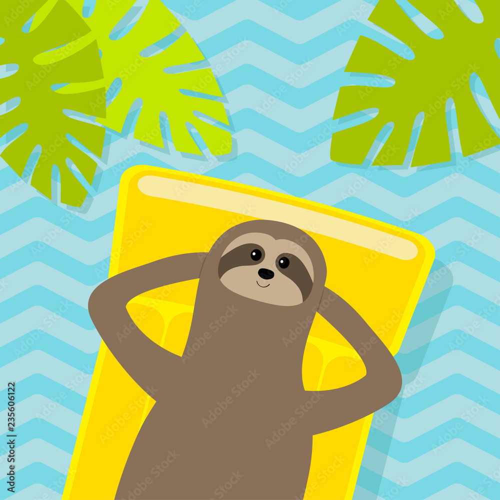 Sloth floating on yellow air pool water mattress. Slow down. Top aerial view. Hello Summer. Palm tree leaf. Cute cartoon relaxing sleeping lazy character. Water with waves. Flat design.
