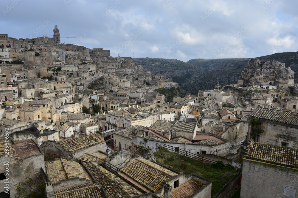 View to the old town of Matera, Italy in a cloudy day