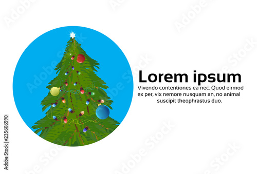 fir tree decorated colorful balls happy new year merry christmas concept flat copy space horizontal vector illustration