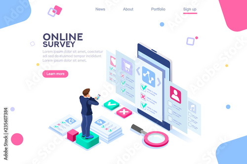Laptop with marks. Analysis images of survey research. Checklist of questions, management of vote. Evaluate isolated evaluation choice of user answer. Characters images, flat isometric vector