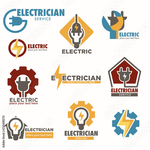 Electrician service and electric sockets with bulbs logos set