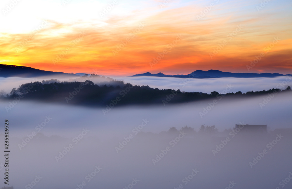 Amazing view of mountain, mist & cloud when dawn coming.