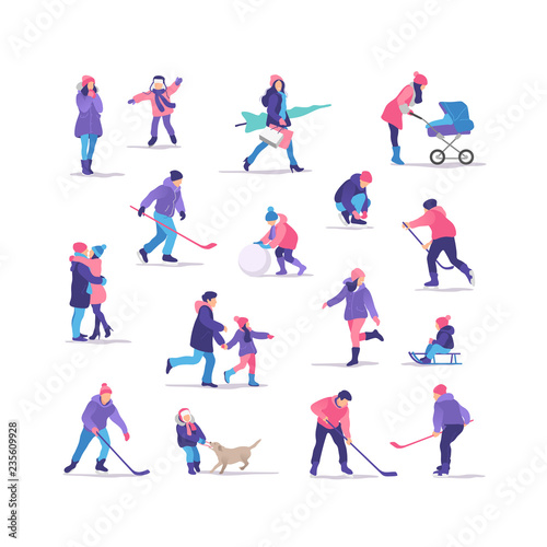 Winter time. Set of people strolling. Outdoor activities. Vector illustration.
