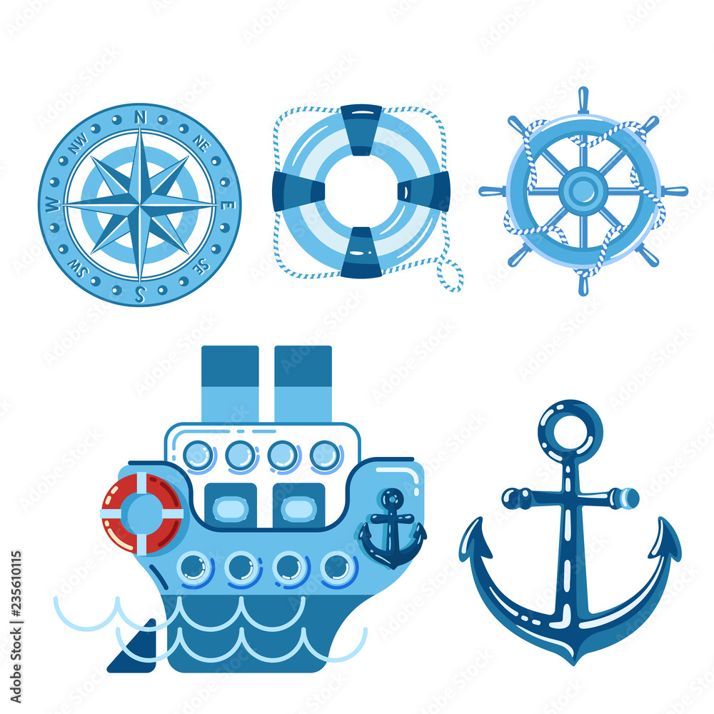 Obraz premium sea set of ship, sailboat, sea gear. flat style