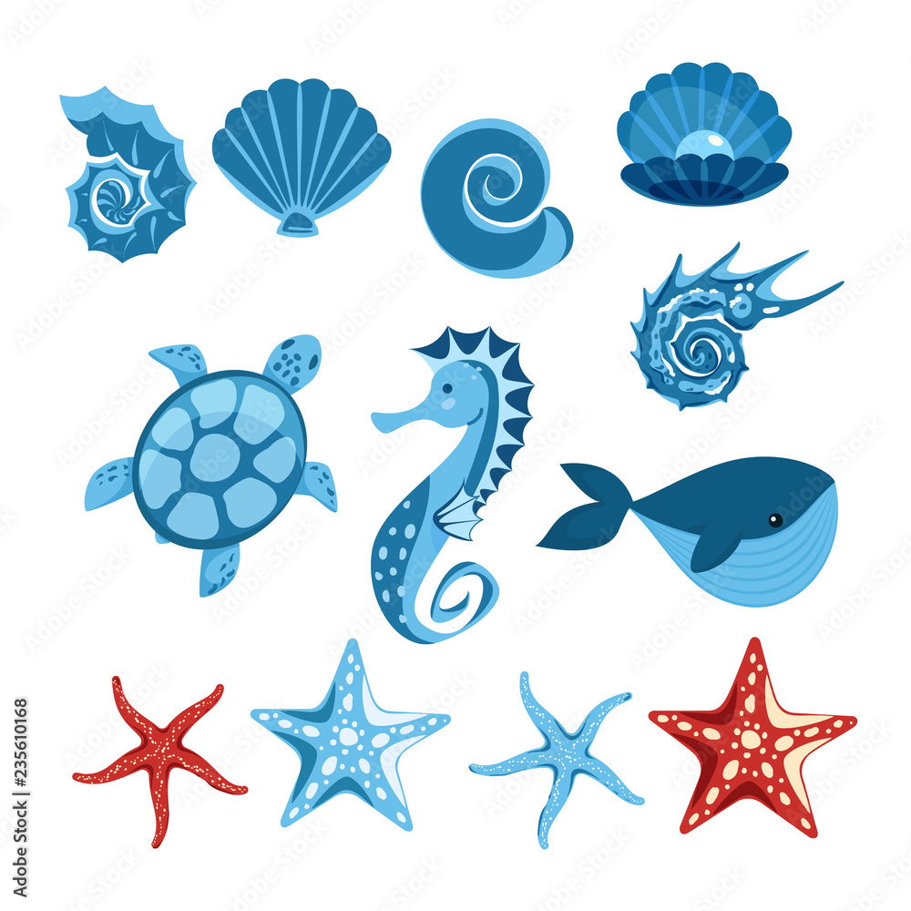 set of sea creatures. flat style