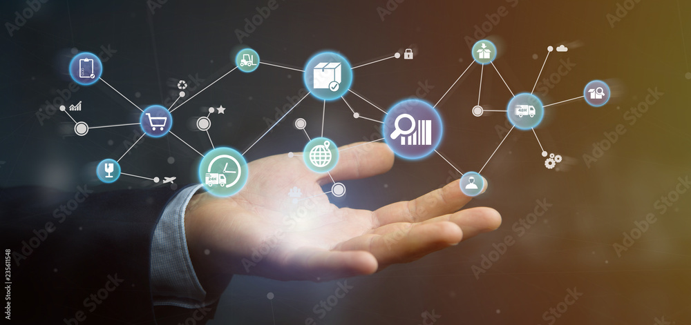 Businessman holding a Logistic organisation with icon and connection 3d rendering Businessman holding a Logistic organisation with icon and connection 3d rendering