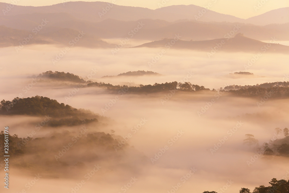 Fototapeta premium Amazing view of mountain, mist & cloud when dawn coming.