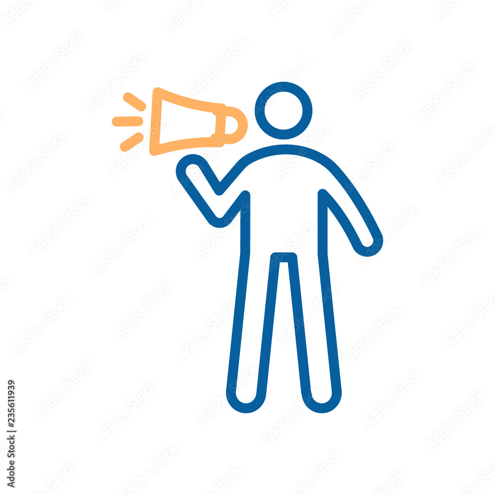 Obraz premium Vector trendy thin line icon with a man and a loudspeaker. Illustration of a person with a megaphone for concepts related with communication