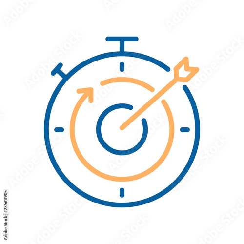 Efficient Time Management. Arrow hit the center of the stopwatch target. Vector trendy thin line icon illustration. For business or sports. Concepts of timeline, deadline, timer, fast delivery