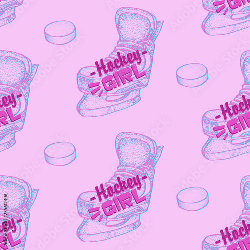 Pink ice hockey skates for woman seamless pattern. Vector hockey girl lettering. Ice hockey sports equipment on light pink background. Hand drawn skates and hockey puck in sketch style.