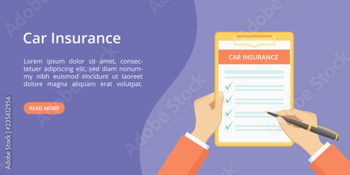 Car insurance policy on clipboard with hands landing page concept. Online service for auto insurance quotes violet web page with flat man hands, filing car policy checklist form on clipboard