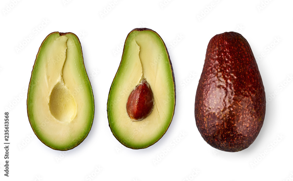 Whole avocado fruit and two halves in a row isolated on white background.