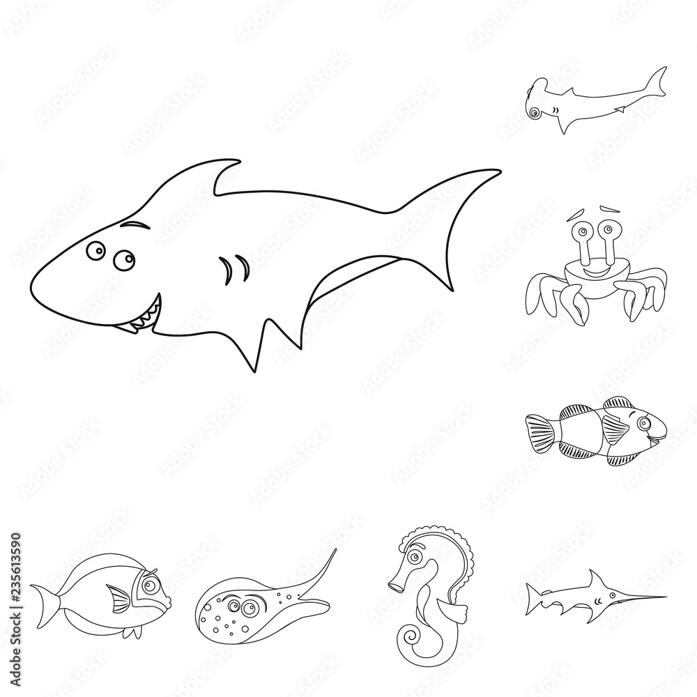 Obraz premium Vector illustration of sea and animal symbol. Set of sea and marine stock vector illustration.