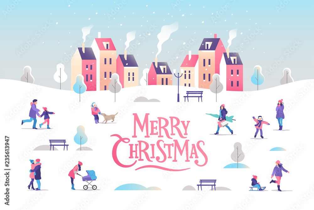 Merry Christmas greeting card. Snowy street. Urban landscape with people. Vector illustration.