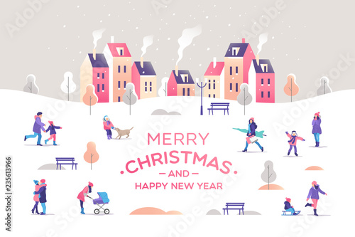 Merry Christmas and a Happy New Year greeting card. Snowy street. Urban landscape with people. Vector illustration.