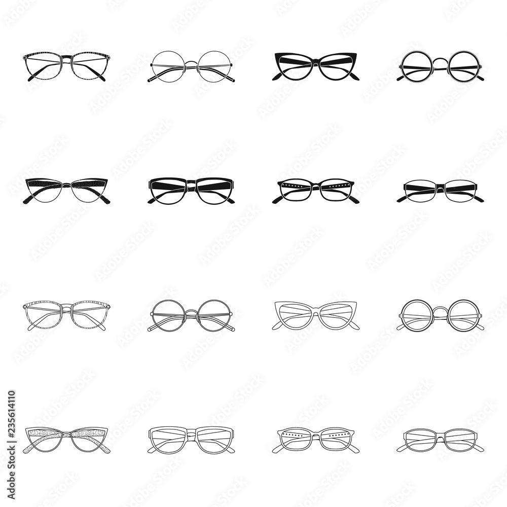 Isolated object of glasses and frame icon. Collection of glasses and accessory stock vector illustration. Isolated object of glasses and frame icon. Collection of glasses and accessory stock vector illustration.