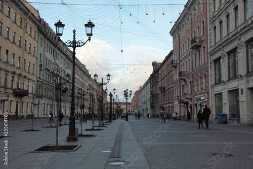 pedestrian street of St. Petersburg in the autumn, a few passersby