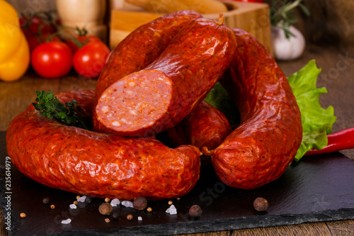 Pork sausages over wooden