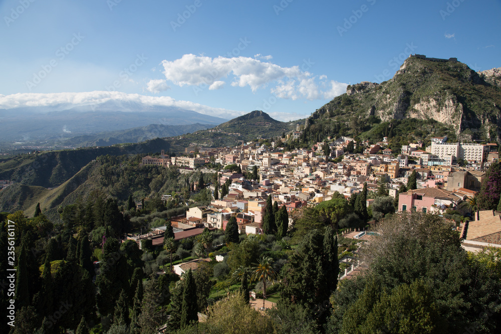 View of the mountains and town of Taormina, Sicily