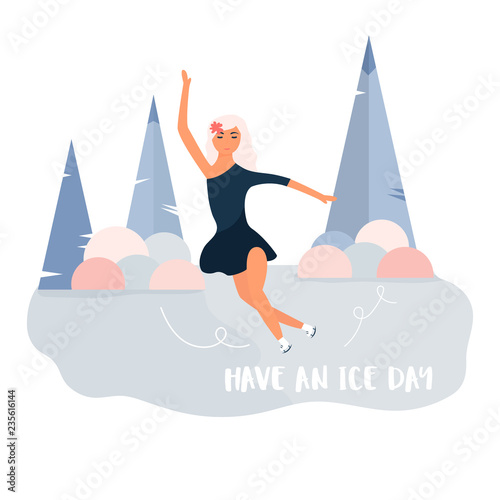 Young girl skating on ice rink Winter scene