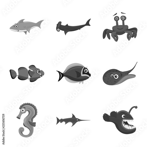 Vector illustration of sea and animal symbol. Collection of sea and marine vector icon for stock.