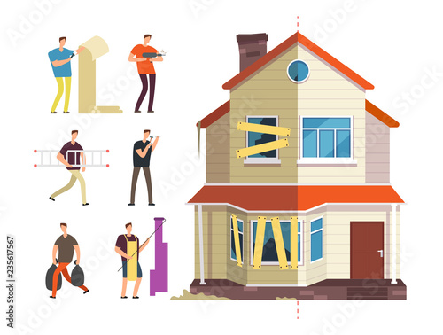 Old and new home. Renovation of house with repairer people. Building maintenance service isolated vector concept. Renovation house and new, home, old exterior residential illustration