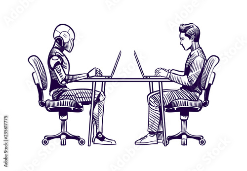 Robot vs man. Human humanoid robot work with laptops at desk. Artificial intelligence, employees replacement sketch vector concept. Illustration of robot vs man, human and ai technology