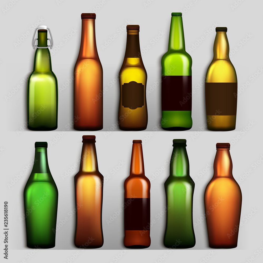 Beer Bottles Set Vector. Different Empty Glass For Craft Beer Green, Yellow, Brown. Mockup Blank Template For Product Packing Design Advertisement. Isolated Realistic Illustration Beer Bottles Set Vector. Different Empty Glass For Craft Beer Green, Yellow, Brown. Mockup Blank Template For Product Packing Design Advertisement. Isolated Realistic Illustration