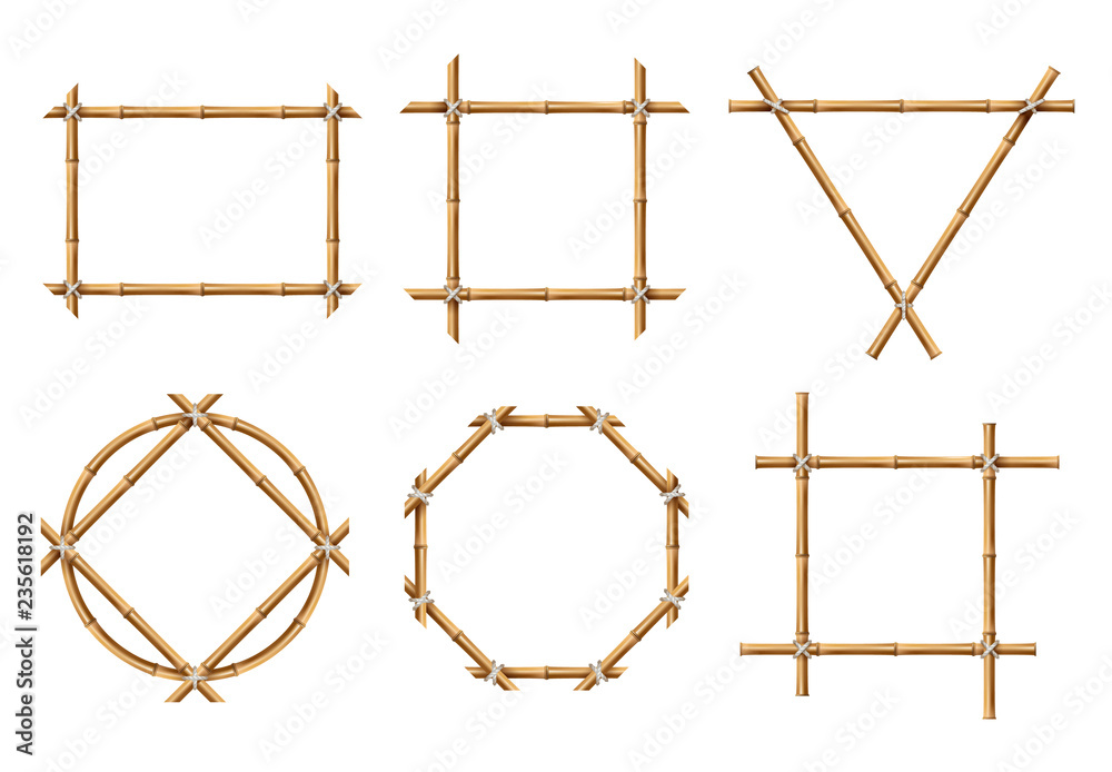 Bamboo frames. Wood stick banners of various shapes. Japanese rustic bamboo sign frame isolated vector set. Illustration of bamboo frame wooden square and triangle Bamboo frames. Wood stick banners of various shapes. Japanese rustic bamboo sign frame isolated vector set. Illustration of bamboo frame wooden square and triangle
