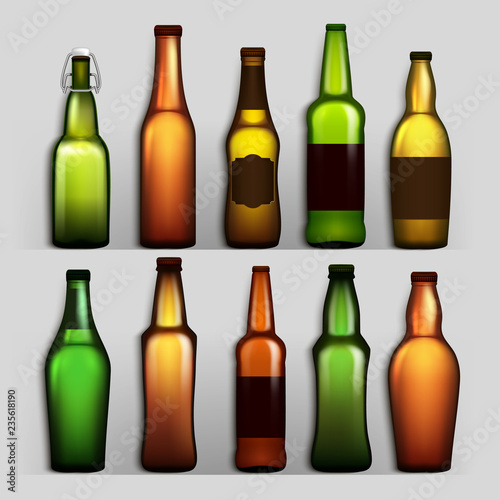 Beer Bottles Set Vector. Different Empty Glass For Craft Beer Green, Yellow, Brown. Mockup Blank Template For Product Packing Design Advertisement. Isolated Realistic Illustration