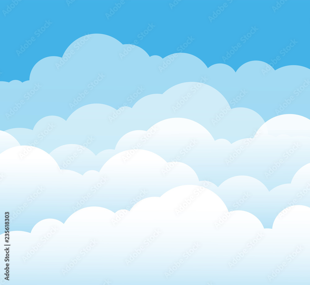 Sky and clouds. Cartoon cloudy background. Heaven scene with blue sky and white cloud. Vector illustration. Background scene cloud, heaven cloudy cumulus in air Sky and clouds. Cartoon cloudy background. Heaven scene with blue sky and white cloud. Vector illustration. Background scene cloud, heaven cloudy cumulus in air