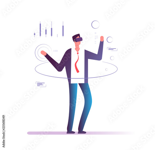 Businessman in virtual reality. Man in goggles headset interacting virtual projection of financial chart. Vr business vector concept. Virtual business online, interact cyberspace illustration