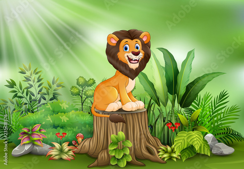 Fototapeta Naklejka Na Ścianę i Meble -  Happy cartoon lion sitting on tree stump with green plants