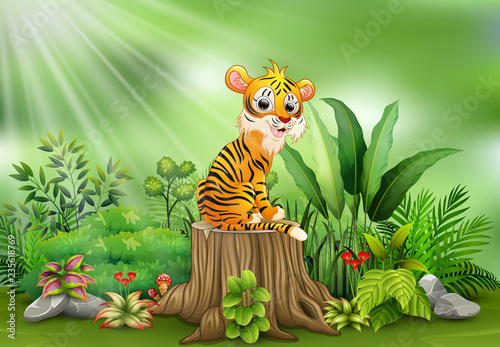 Fototapeta Naklejka Na Ścianę i Meble -  Cartoon happy tiger sitting on tree stump with green plants