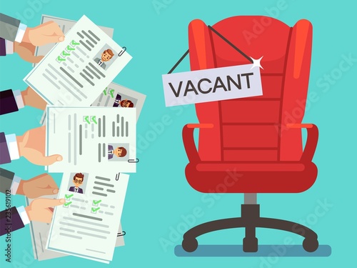 Hands holds CV forms and office chair with vacancy plate. Illustration of vacant chair place, hold cv vector