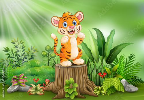 Fototapeta Naklejka Na Ścianę i Meble -  Cartoon of a tiger standing on tree stump with green plants