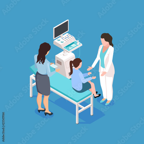 Medical examination of a child isometric vector illustration. Examination pediatrician, woman diagnostic and consultation