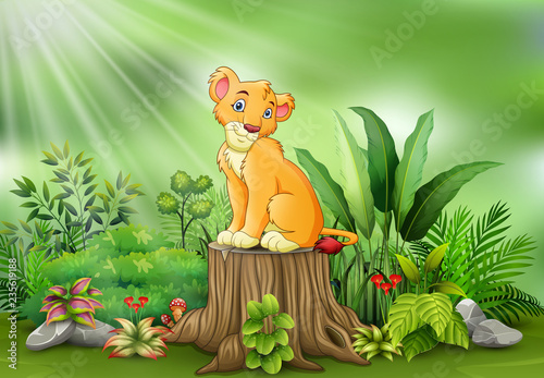 Cartoon of a lion sitting on tree stump with green plants background