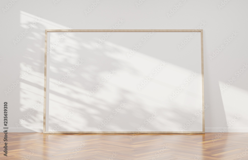 Large horizontal frame leaning on a white wall 3D rendering - obrazy, fototapety, plakaty 