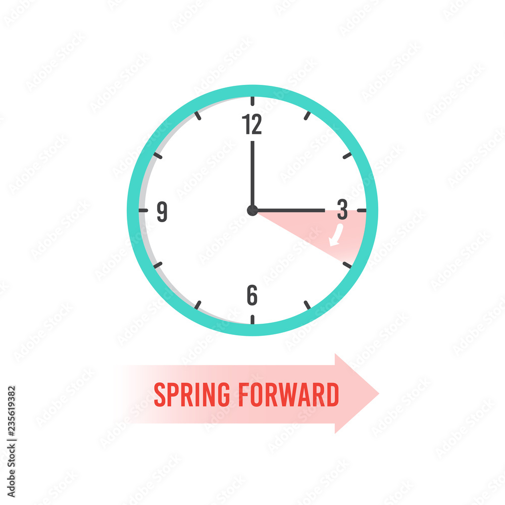 Spring forward. Clock showing daylight saving time. Summer time vector concept. Clock time, change dst on watch illustration Spring forward. Clock showing daylight saving time. Summer time vector concept. Clock time, change dst on watch illustration