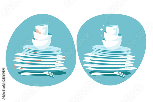 Clean and dirty dishes. Kitchen plates before and after washing. Kitchen utensils wash vector concept. Dirty plate dish, unwashed, dinnerware illustration