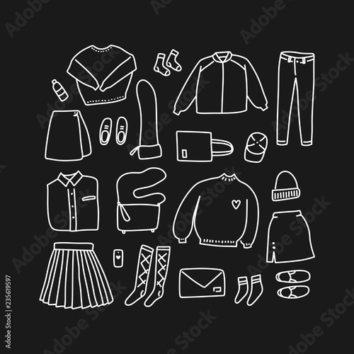 Lookbook line-art clothing doodles in black and white. Set of hand drawn women clothes in linear style (flat lay / top view)