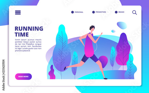 Man running in park. Fitness workout and healthy body life style landing page. Character man run outdoor, fitness and athletic illustration
