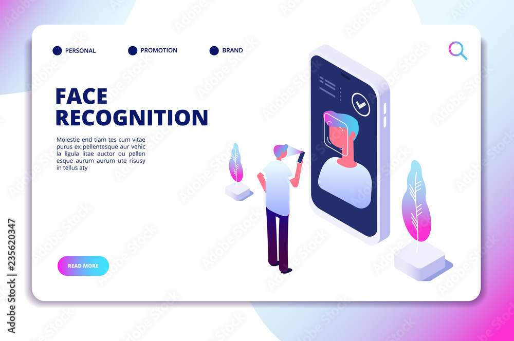 Face recognition isometric concept. Id verification smartphone