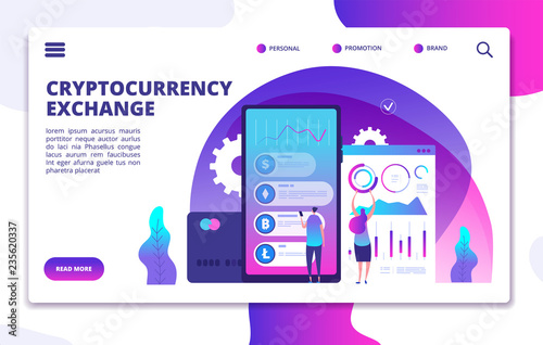 Cryptocurrency exchange landing page. Online crypto payment. Business marketplace web vector design. Crypto currency market, exchange litecoin and bitcoin illustration