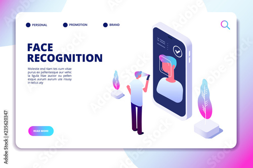 Face recognition isometric concept. Id verification smartphone scanner. Personal identify, face authentic reader vector landing page. Illustration of smartphone scanning face and recognition