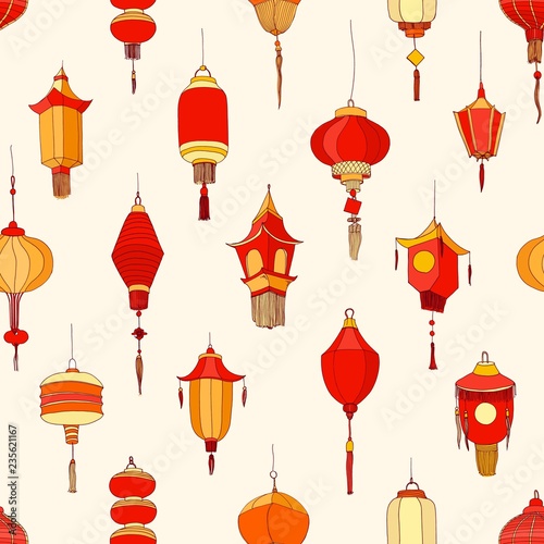 Seamless pattern with Chinese street lanterns on light background. Backdrop w...